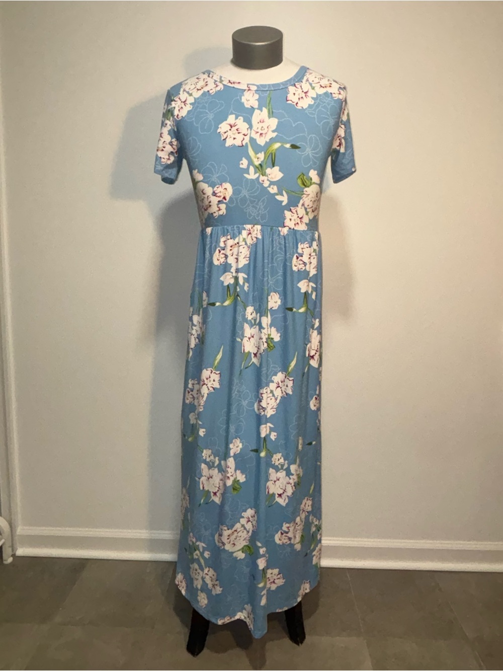 MISFAY Blue Floral Knit Stretch Round Neck Short Sleeve Maxi Dress w/ Pockets L